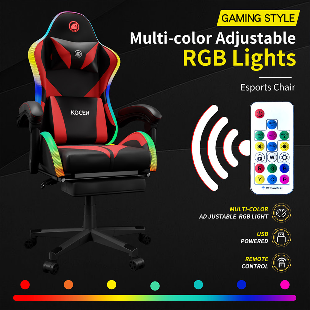 PU 가죽 직물 게임 의자, 다색 조정 가능한 RGB 조명, USB 전원, 원격 제어 기능을 갖춘 Esports 의자
