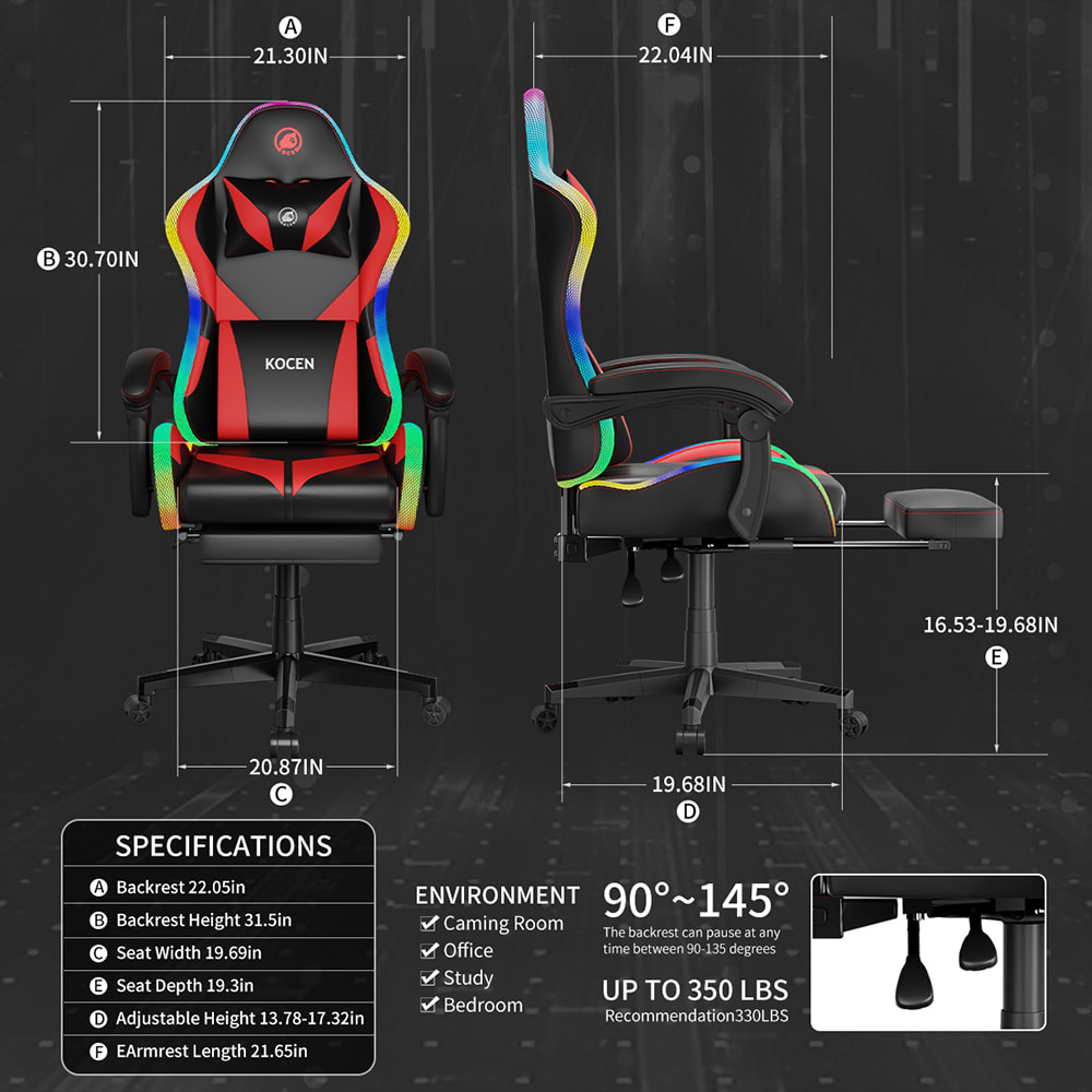 PU 가죽 직물 게임 의자, 다색 조정 가능한 RGB 조명, USB 전원, 원격 제어 기능을 갖춘 Esports 의자